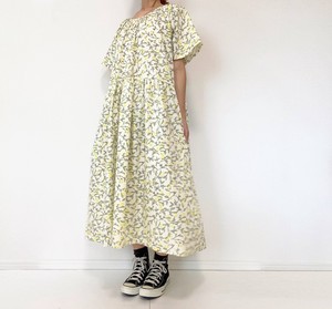 【handmade】lemon pattern short sleeve dress　cotton　white