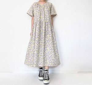 【handmade】lemon pattern short sleeve dress　cotton　lavender color