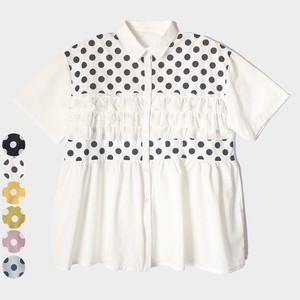【2024年　夏新作】フリル＆ドット レイヤード 半袖シャツ - 可愛らしいスタイル 綿素材