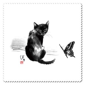メガネ拭き クリーニングクロス 中浜稔「蝶々」15×15cm 墨絵 レンズクリーナー 猫