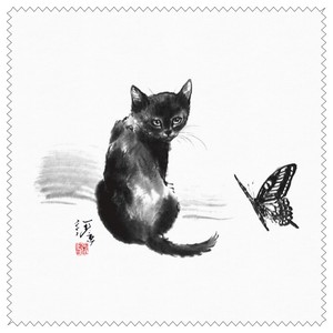 メガネ拭き クリーニングクロス 中浜稔「蝶々」15×15cm 墨絵 レンズクリーナー 猫