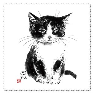 メガネ拭き クリーニングクロス 中浜稔「ちんまりお座り」15×15cm 墨絵 レンズクリーナー 猫