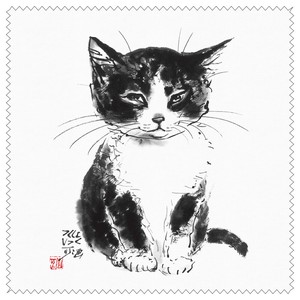 メガネ拭き クリーニングクロス 中浜稔「ちんまりお座り」15×15cm 墨絵 レンズクリーナー 猫