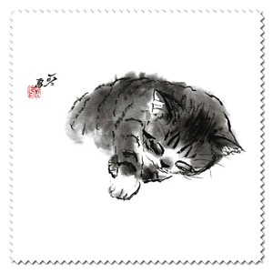 メガネ拭き クリーニングクロス 中浜稔「寝すがた右手」15×15cm 墨絵 レンズクリーナー 猫