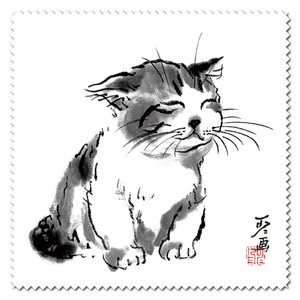 メガネ拭き クリーニングクロス 中浜稔「寝起き」15×15cm 墨絵 レンズクリーナー 猫