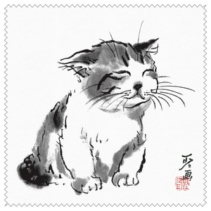 メガネ拭き クリーニングクロス 中浜稔「寝起き」15×15cm 墨絵 レンズクリーナー 猫