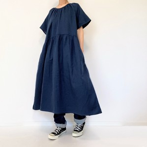 【handmade】Dark navy blue　one-piece dress　 short  sleeve　raglan　cotton　Double gauze