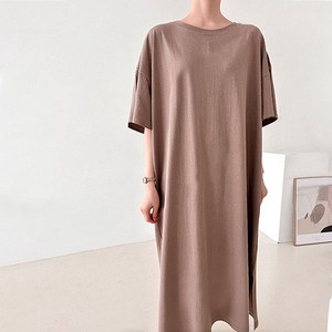 Casual Dress Side Slit Plain Color Cotton One-piece Dress
