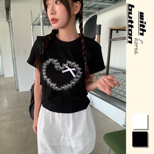 【韓国ファッション】2024年夏新作　ハート　リボンポイント　半袖/Tシャツ/トップス/デイリー