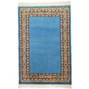 手織り絨毯　玄関マット　ウール100％　約60x90cm　ブルー　パキスタン製　マット　ラグ【53149】