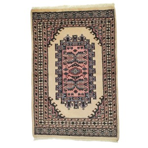 手織り絨毯　玄関マット　ウール100％　約60x90cm　　ベージュ　パキスタン製　マット　ラグ【299642】