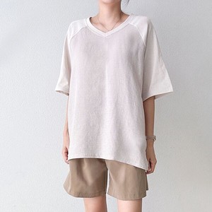 【トップス】リネン　配色　ル－ズフィット　半袖　トップス　Tシャツ　Linen T-shirt
