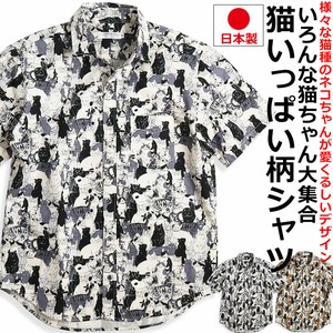 【日本製】VINTAGE EL　猫柄シャツ メンズ 半袖シャツ ネコ柄 アニマル柄 動物柄 日本製 国産