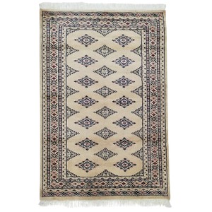 手織り絨毯　玄関マット　ウール100％　約92x137cm　　ベージュ　パキスタン製　マット　ラグ【26203】
