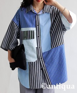 Antiqua Button Shirt/Blouse Stripe Tops Ladies' Short-Sleeve NEW