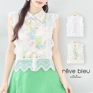 Button Shirt/Blouse Sleeveless Pastel L Scalloped Lace 【2024NEW】