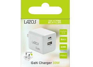 【特LMTq20240619】AC充電器 2口30W USB-A×1 C×1 PD対応 窒化ガリウム ホワイト L-AC-G30