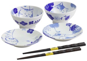 セラミック藍 のほほん猫 飯碗小皿セット(箸付) 23187