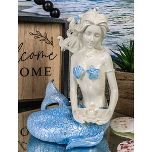 美しいオーシャンの女神マヤ 真珠の貝殻を持った青い尾びれのマーメイド（人魚像）大洋彫像 置物輸入品