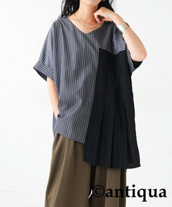 衬衫 百褶/褶裥 女士 短袖 粉色 竖纹 antiqua 衬衫