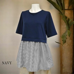 T-shirt Pullover Half Sleeve Mixing Texture Layered Look Switching