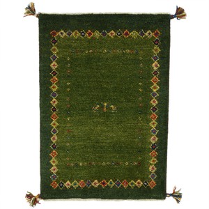 ペルシャンギャッベ 約60×90cm グリーン 玄関マット イラン シラーズ産 ウール 手織 緑