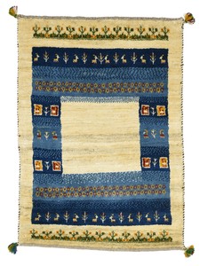 ペルシャンギャッベ 約80×120cm 玄関マット ベージュ×ブルー イラン シラーズ産 ウール 手織