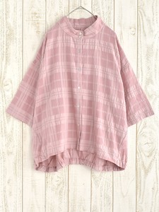 Button Shirt/Blouse Check Stand-up Collar Sheer