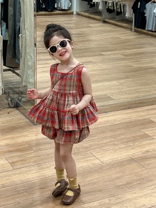 Kids' Suit Check Pattern Shorts Tank Top Summer Printed Spring