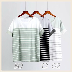 綿100％素材ボーダー布帛切り替えデザイン　Tシャツ　カットカットソー　　レディス