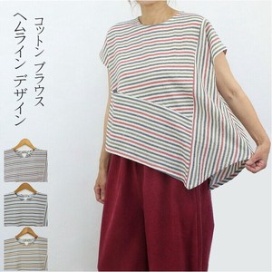 衬衫 Design 非对称 法式袖 棉 竖纹 衬衫 短款