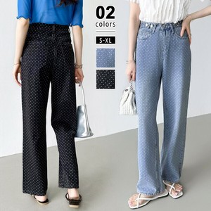 ドットデニムパンツ ワイドストレートデニムパンツ ウエスト調整ボタン付き デニムパンツ ドット柄 デニム