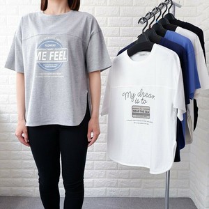 特価 シルケット綿100% サイドスリット 前切替Tシャツ 2柄 半袖 Tシャツ ロゴ ワッペン風 レディース