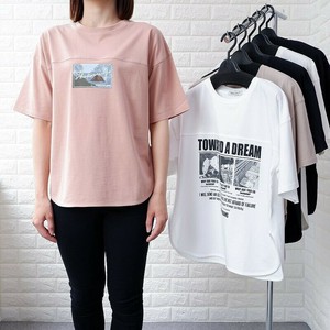 特価 シルケット綿100% サイドスリット 前切替Tシャツ 2柄 半袖 Tシャツ ロゴ 転写 レディース