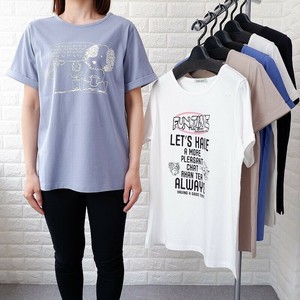特価 シルケット綿100% サイドスリット 袖ターンバックTシャツ 2柄 半袖 Tシャツ レディース キャラクター