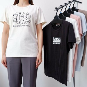 特価 シルケット綿100% 丸首プリントTシャツ 2柄  猫 犬 キャラクター 半袖 Tシャツ ロゴ レディース