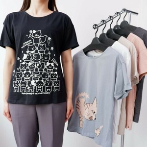 特価 シルケット綿100% サイドスリット 袖ターンバックTシャツ2柄　猫 半袖 Tシャツ レディース