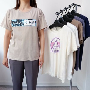 特価 シルケット綿100% サイドスリット 袖ターンバックTシャツ 2柄 半袖 Tシャツ ロゴ レディース