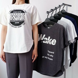 特価 シルケット綿100% 裾カーブTシャツ 2柄サークルロゴ 英字 プリント 半袖 Tシャツ ロゴ レディース
