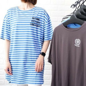 綿100％ ワンポイント刺繍 ラウンドテール ビッグTシャツ (無地・ボーダー)  Tシャツ 半袖 ユニセックス