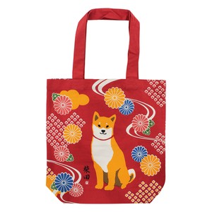 Tote Bag Red Shiba Dog Floral Pattern Pocket Dog