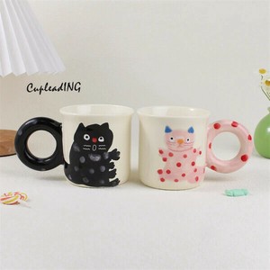 【定番商品】韓国ファッション 可愛い 手描き猫 マグカップ 陶磁器カップ カップルカップ 家庭用
