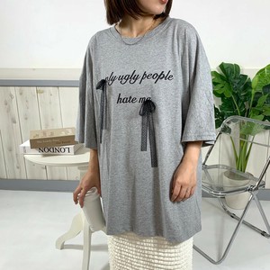 即納【2025新作】チュールリボンロゴビッグTシャツ　プリントT　ゆったり　大きめ　チュニック　夏服　半袖