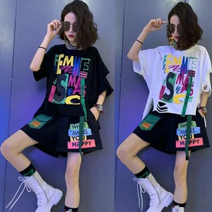 ロゴプリント半袖Tシャツ×ショートパンツ 　 セットアップ　　パンツ　トップス　カラフル　ウエストゴム