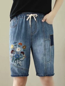 Denim Knee-Length Pant Flower Colorful 2024 Spring/Summer