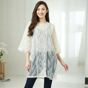 レース＆シフォン　シアー素材　五分袖チュニック