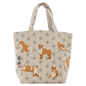 トートバッグ Mサイズ　内ポケット付き　あさしばたさん　柴犬　犬　麻の葉　アイボリー　33×25