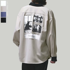 【SPECIAL PRICE】接触冷感 ナチュラルストレッチポリエステル バック黒猫プリント 長袖シャツ