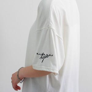★袖口英字刺繍 ラウンドヘムオーバーサイズプリントT　SS　ロゴ　カーブ　裾　スリット