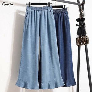 デニムクロップドパンツ なめらか 裾フリル ワイドレッグ ウエストゴム 春 夏 秋  【2024新作】 EH3232